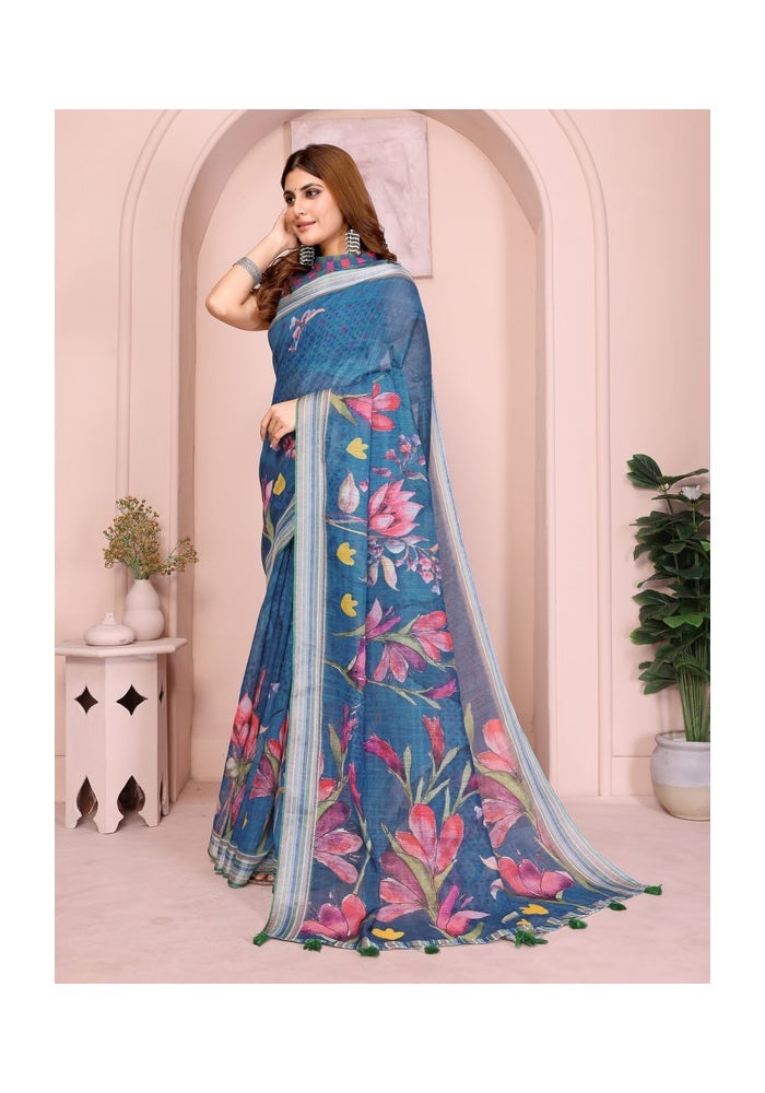 Malishka Export Floral Print Blue Saree for Women - Image 3